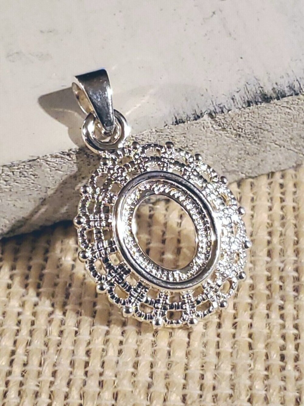 Sterling Silver Plated Art Nouveau Filigree 10x8mm Oval Cabochon Pendant Setting